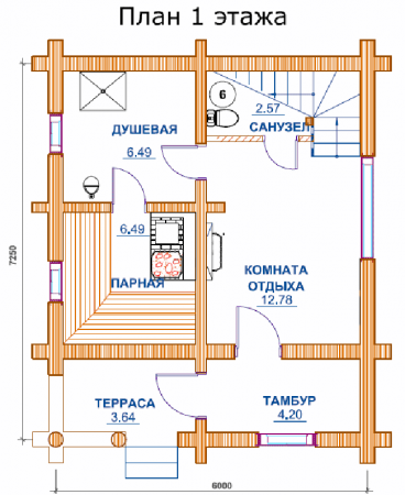 Сруб бани 6х7,3 м, 62.6 кв. м с мансардой