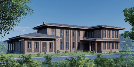 Загородная резиденция из клеёного бруса с гаражом, бассейном и бильярдной, 3 этажа, 1331 м2