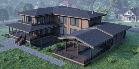 Загородная резиденция из клеёного бруса с гаражом, бассейном и бильярдной, 3 этажа, 1331 м2