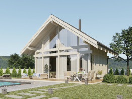 Гостевой домик в стиле фахверк с панорамным остеклением фасада и террасой, 3 спальни, 115 м²