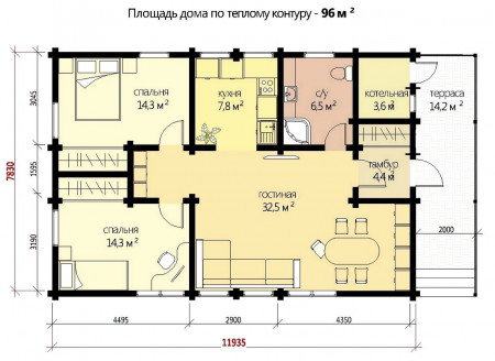 Одноэтажный дом с террасой из двойного бруса, 13.9х7.8 м, 100 кв.м