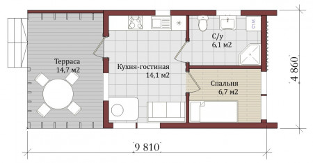 Одноэтажный Барнхаус (амбарный) дом 41 м, с террасой, 1 комната