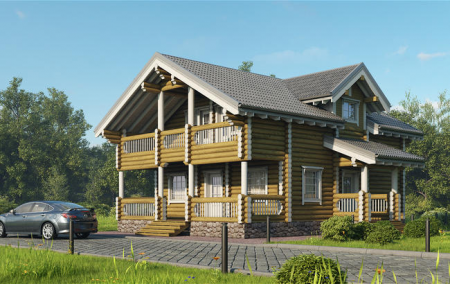 Двухэтажный дом с террасой из бревна 9,8х10,4 м (172,5 кв.м)