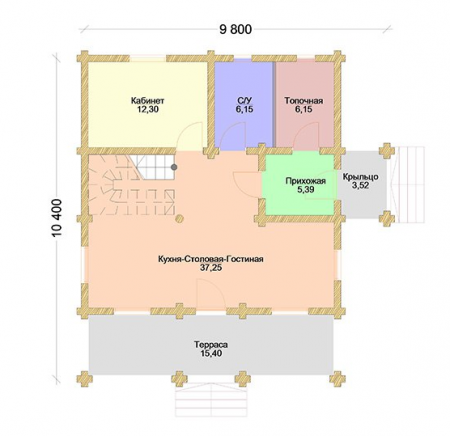 Двухэтажный дом с террасой из бревна 9,8х10,4 м (172,5 кв.м)