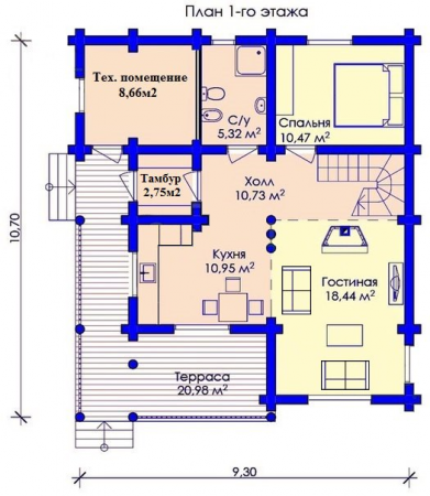 Дом с мансардой и террасой из бревна 9,3х10,7 м (183 кв.м)