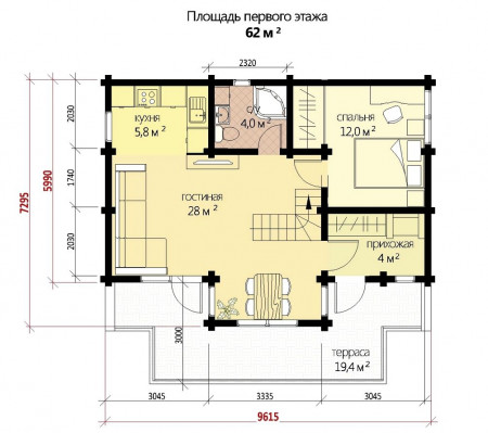Двухэтажный дом из двойного бруса, 9.6х7.3 м, 115 кв.м
