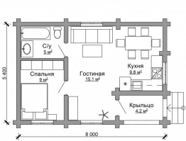Одноэтажный дом из ОЦ бревна 5,4х8 м (43,2 кв.м)