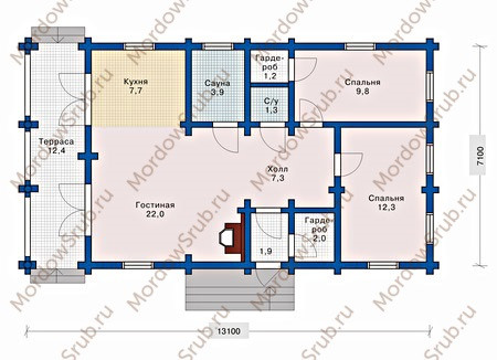 Сруб одноэтажного дома с террасой 82 м2