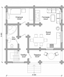 Дом с мансардой и террасой из бревна 8,4х8,4 м (141,2 кв.м)