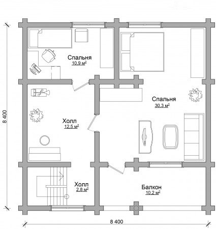 Дом с мансардой и террасой из бревна 8,4х8,4 м (141,2 кв.м)