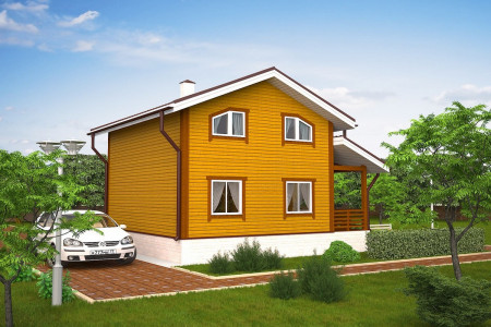 Загородный дом из профилированного бруса с мансардой и террасой, 2 спальни, 82 м²