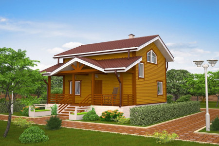 Загородный дом из профилированного бруса с мансардой и террасой, 2 спальни, 82 м²