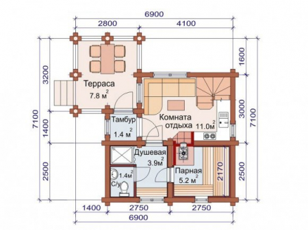 Дом с мансардой из бревна 6,9х7,1 м (86 кв.м)