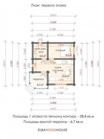 Дом с мансардой из двойного бруса, 6.8х6.8 м, 80 кв.м