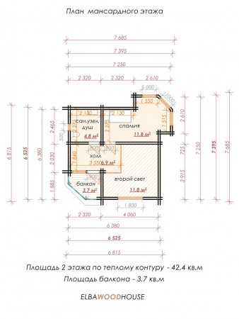 Дом с мансардой из двойного бруса, 6.8х6.8 м, 80 кв.м