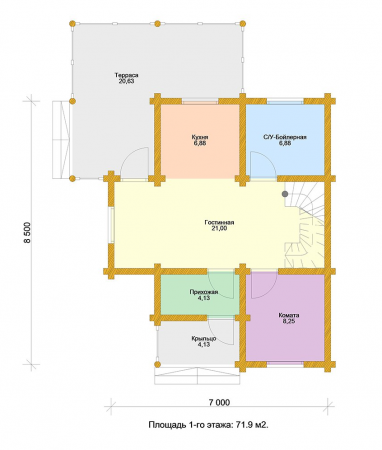 Дом с мансардой и террасой из ОЦ бревна 7х8,5 м (123 кв.м)