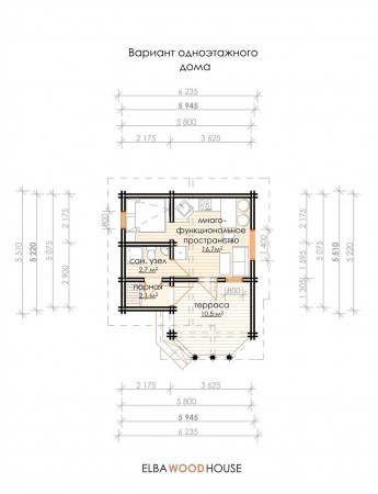 Дачный дом с террасой из двойного бруса, 7.5х6.2 м, 30 кв.м