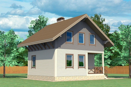 Небольшой дачный домик из профилированного бруса с мансардой и балконом, 2 спальни, 97 м²