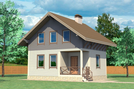 Небольшой дачный домик из профилированного бруса с мансардой и балконом, 2 спальни, 97 м²