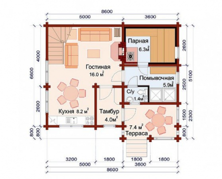 Двухэтажный дом из ОЦ бревна 6,6х8,6 м (113,5 кв.м)