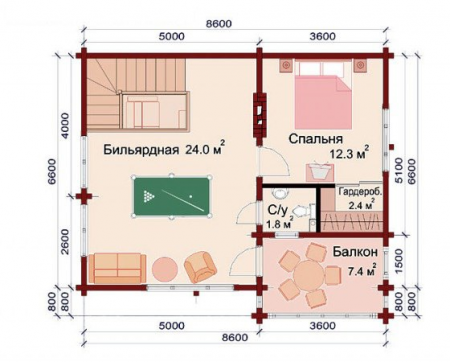 Двухэтажный дом из ОЦ бревна 6,6х8,6 м (113,5 кв.м)