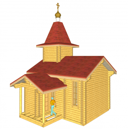 Часовня из оцилиндрованного бревна 200мм, размеры 6.9 м на 8 м, высота 14 м с куполом площадь по комнатам 37.8 м2