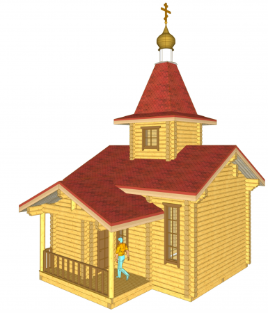 Часовня из оцилиндрованного бревна 200мм, размеры 6.9 м на 8 м, высота 14 м с куполом площадь по комнатам 37.8 м2