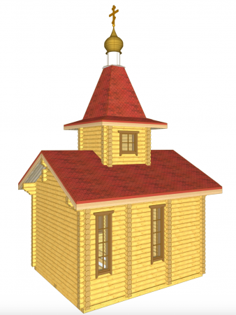 Часовня из оцилиндрованного бревна 200мм, размеры 6.9 м на 8 м, высота 14 м с куполом площадь по комнатам 37.8 м2