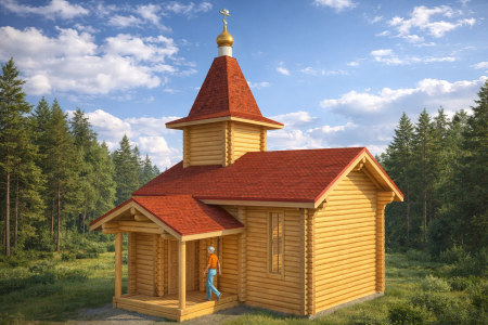 Часовня из оцилиндрованного бревна 200мм, размеры 6.9 м на 8 м, высота 14 м с куполом площадь по комнатам 37.8 м2