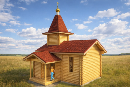 Часовня из оцилиндрованного бревна 200мм, размеры 6.9 м на 8 м, высота 14 м с куполом площадь по комнатам 37.8 м2