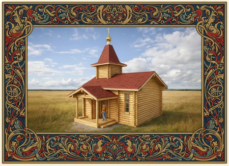 Часовня из оцилиндрованного бревна 200мм, размеры 6.9 м на 8 м, высота 14 м с куполом площадь по комнатам 37.8 м2