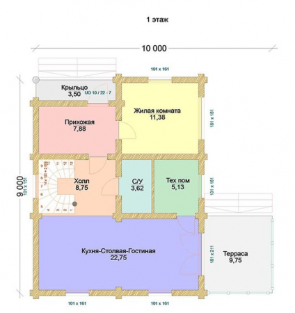 Двухэтажный дом с верандой из бревна 9х10 м (142,8 кв.м)