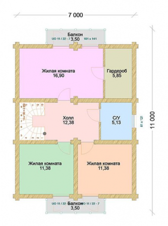 Двухэтажный дом с верандой из бревна 9х10 м (142,8 кв.м)