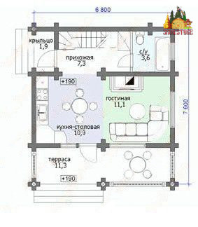 Сруб дома с мансардой и террасой 88,3 м2