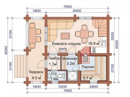 Дом с мансардой и террасой из ОЦ бревна 6,2х7,8 м (97 кв.м)