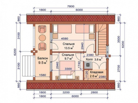 Дом с мансардой и террасой из ОЦ бревна 6,2х7,8 м (97 кв.м)