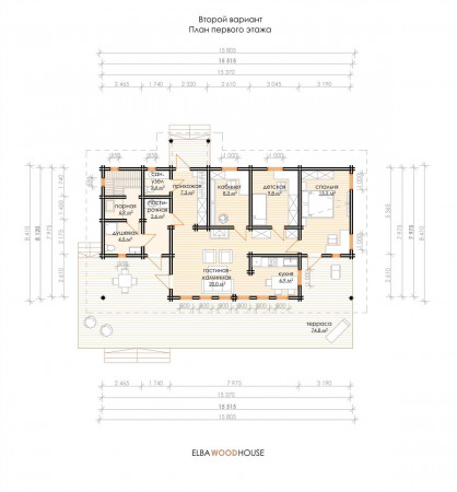 Дом с террасой из двойного бруса, 15.8х8.4 м, 105 кв.м