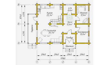 Сруб дома с мансардой, 11.8 на 8.7 м, 206 м2