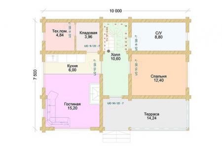 Дом с мансардой и террасой из бревна 7,5х10 м (128 кв.м)