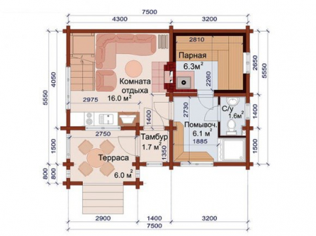 Дом с мансардой и террасой из бревна 5,5х7,5 м (83 кв.м)