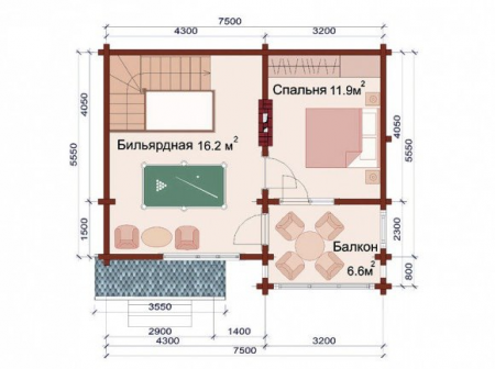 Дом с мансардой и террасой из бревна 5,5х7,5 м (83 кв.м)