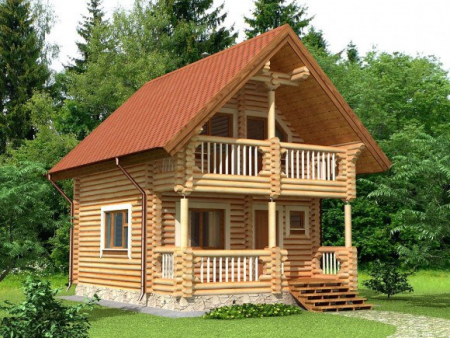 Дом с мансардой и террасой из бревна 5,5х7,2 м (79 кв.м)