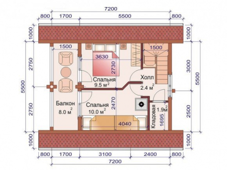 Дом с мансардой и террасой из бревна 5,5х7,2 м (79 кв.м)