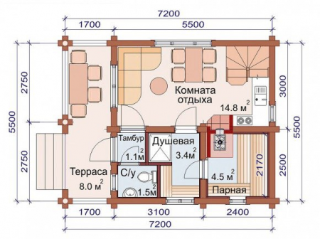 Дом с мансардой и террасой из бревна 5,5х7,2 м (79 кв.м)