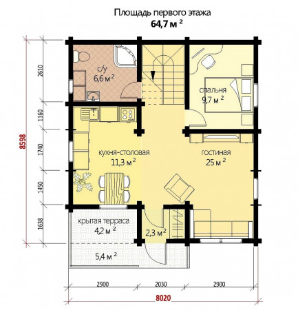 Двухэтажный дом из двойного бруса, 8.6х8 м, 130 кв.м