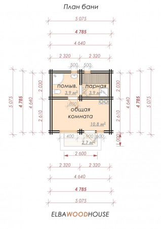 Баня из двойного бруса 4.8х 4.8 м (18,5 кв.м) 