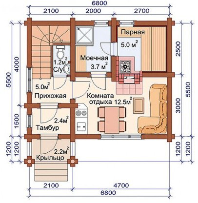 Дом с мансардой из ОЦ бревна 5,5х6,8 м (75 кв.м)