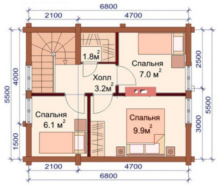 Дом с мансардой из ОЦ бревна 5,5х6,8 м (75 кв.м)