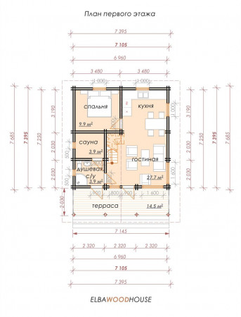 Дом с мансардой из двойного бруса, 9.7х7.3 м, 105 кв.м 