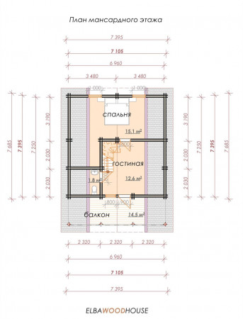 Дом с мансардой из двойного бруса, 9.7х7.3 м, 105 кв.м 
